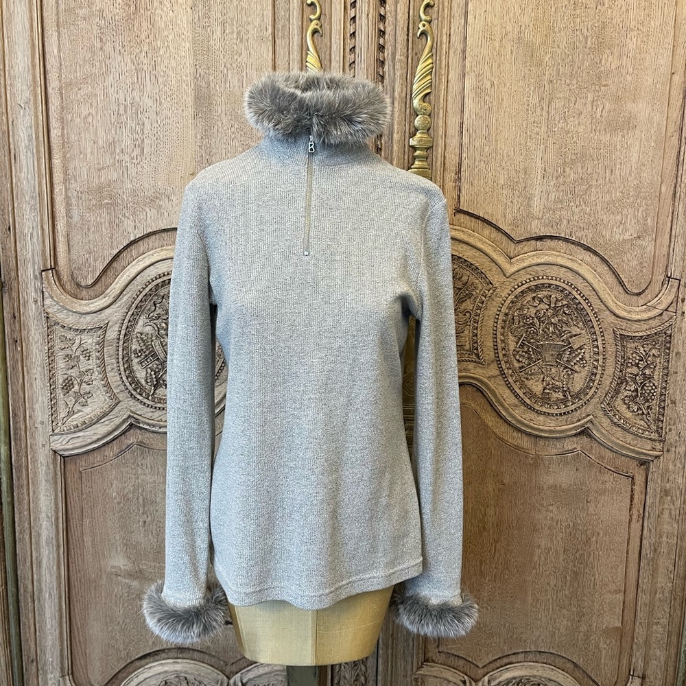 Bogner Metallic Sweater, Faux Fur Trim Around Neck and Cuffs Size Medium or 10